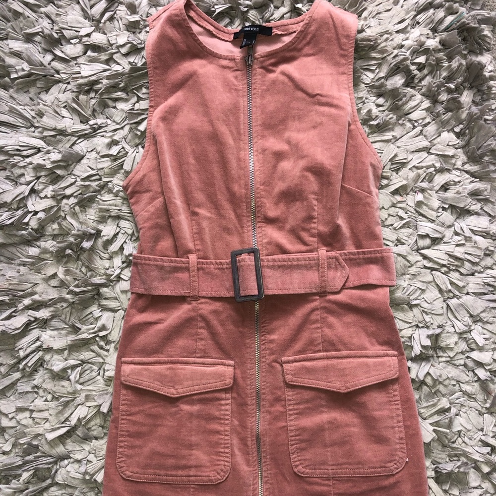 Suede pink zip up dress with belt